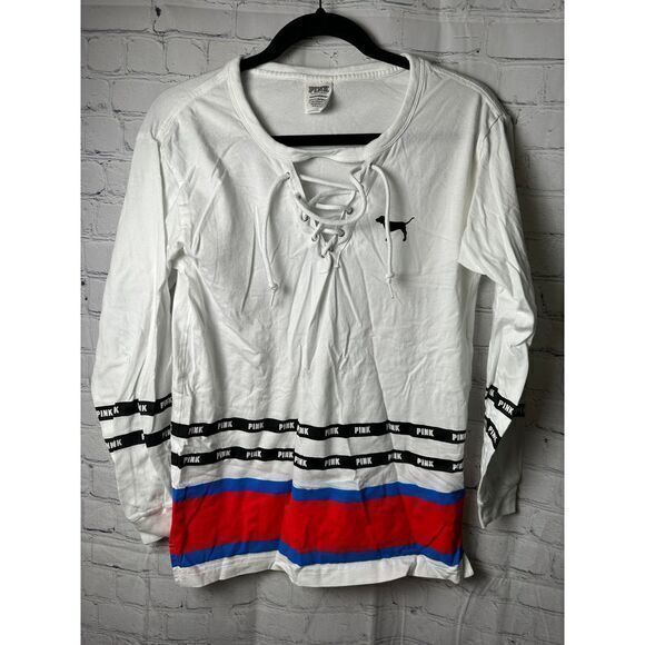 Victoria's‎ Secret PINK White Long Sleeve Tee with Striped Accent - Picture 1 of 5